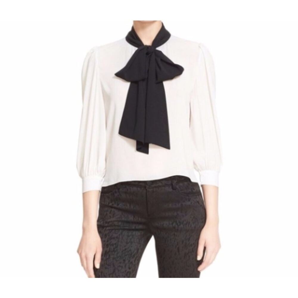 Alice + Olivia Treena Black Cream Silk Bow Blouse (M)